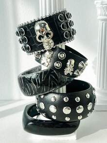 1pc Punk Style Black & White Contrast Resin Bracelet, Multi-Element Rivet Design With Star Decor, Asymmetric Round Jewelry Fashion Gift For Women, Suitable For Daily Wear - Multicolor D - View 2