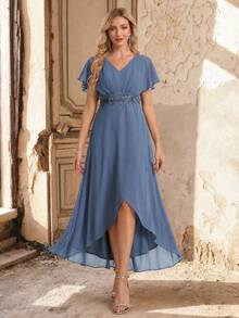 EVERPRETTY Elegante vestido de novia de la madre con escote en V y busto fruncido en color azul empolvado, vestido formal para invitada de boda de jardín, cena y ocasión - Neblina azul - Ver 1