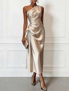 Women's Summer Evening Midi Dress, Elegant One-Shoulder Ruched Fitted Style, Satin Fabric, Sleeveless, Champagne Black Blue, Draped Design, Luxurious - Champagne - View 2