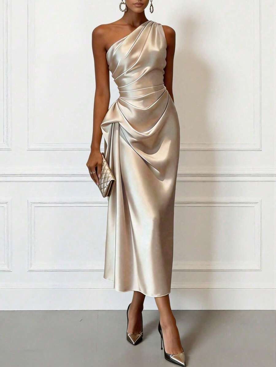 Women's Summer Evening Midi Dress, Elegant One-Shoulder Ruched Fitted Style, Satin Fabric, Sleeveless, Champagne Black Blue, Draped Design, Luxurious