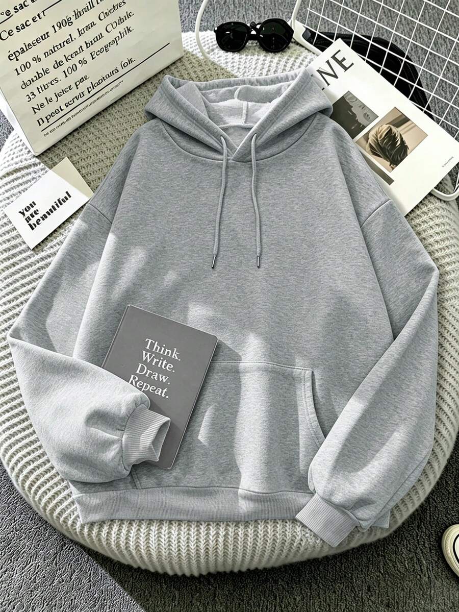 Hoodie Kasual Ukuran Besar Wanita dengan Kantong, Gaya Jalanan Minimalis, Musim Gugur/Dingin - Light Grey - View 1