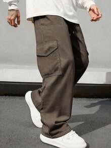 Spring/Autumn Plus Size Multi-Pocket Straight Leg Cargo Pants, Men's Loose Streetwear Sports Long Pants - Brown - View 2