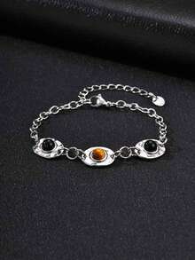 1pc Stainless Steel Natural Obsidian Tiger Eye Black Onyx Bracelet Silver Color Men's Vintage Jewelry, Gift For Friends, Daily Wear - 3152 - View 2