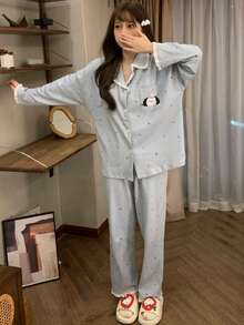 2pcs Women's Pajama Set, Open Front With Pocket, Cute Puppy Print, Fashionable Lapel Long Sleeve & Long Pants, Comfortable For Home Wear - Blue - View 2