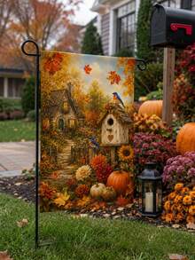 1pc Autumn Harvest Birdhouse Garden Flag, Romantic Country Farmhouse Style Polyester Outdoor Garden Flag, Suitable For Garden Yard, Autumn Decoration, Harvest Festival, Thanksgiving And Outdoor Patio Decor - A - View 4