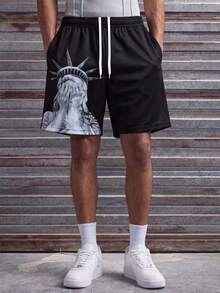 MAISONFOX Men's Street Graphic Print Casual Sports Shorts,With Statue Of Liberty Print, Baggy Pants Men,Drawstring And Pockets, Suitable For Spring And Summer - Black - View 2