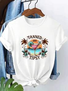VintagePlus Size - Plus Size - Stylish And Casual Round Neck, Short-Sleeved Printed T-Shirt For Women In Plus Sizes - Summer Tops - 白色 - 查看 1
