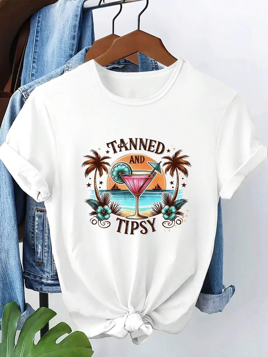 VintagePlus Size - Plus Size - Stylish And Casual Round Neck, Short-Sleeved Printed T-Shirt For Women In Plus Sizes - Summer Tops - 白色 - 查看 1