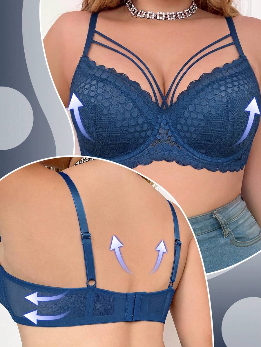 mimilemon Plus Size Women's Blue Lace Push-Up Bra - Breathable & Comfortable, Cross-Strap And Wide Strap Design To Lift Bust