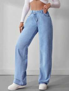 Celana Jeans Panjang Niche Y2K dengan Kancing Asimetris, Celana Denim Panjang Kasual Serbaguna Gaya Eropa dan Amerika untuk Musim Gugur - Biru muda - View 4