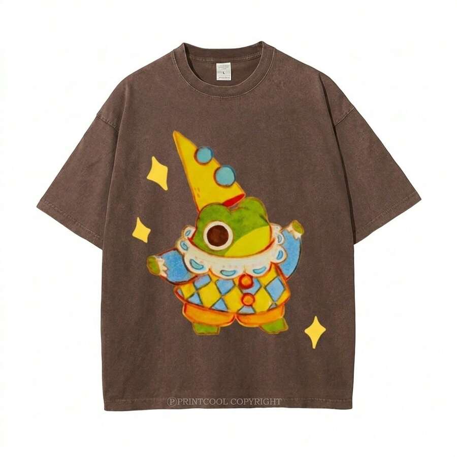 Summer Tops 100% Cotton, Funny Clown Frog Print T-Shirt, Suitable For Daily Wear, A Must-Have For The Beach, Cute Cartoon Pattern, Unisex, Perfect Gif - 黑巧克力 - 查看 1