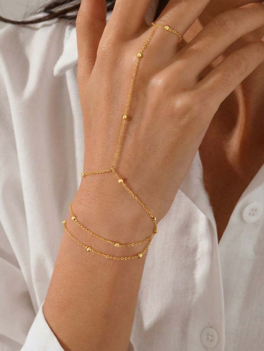 1pc Stainless Steel Connected Finger Bracelet Chain Beaded Finger Jewelry - Beaded Necklace - View 1