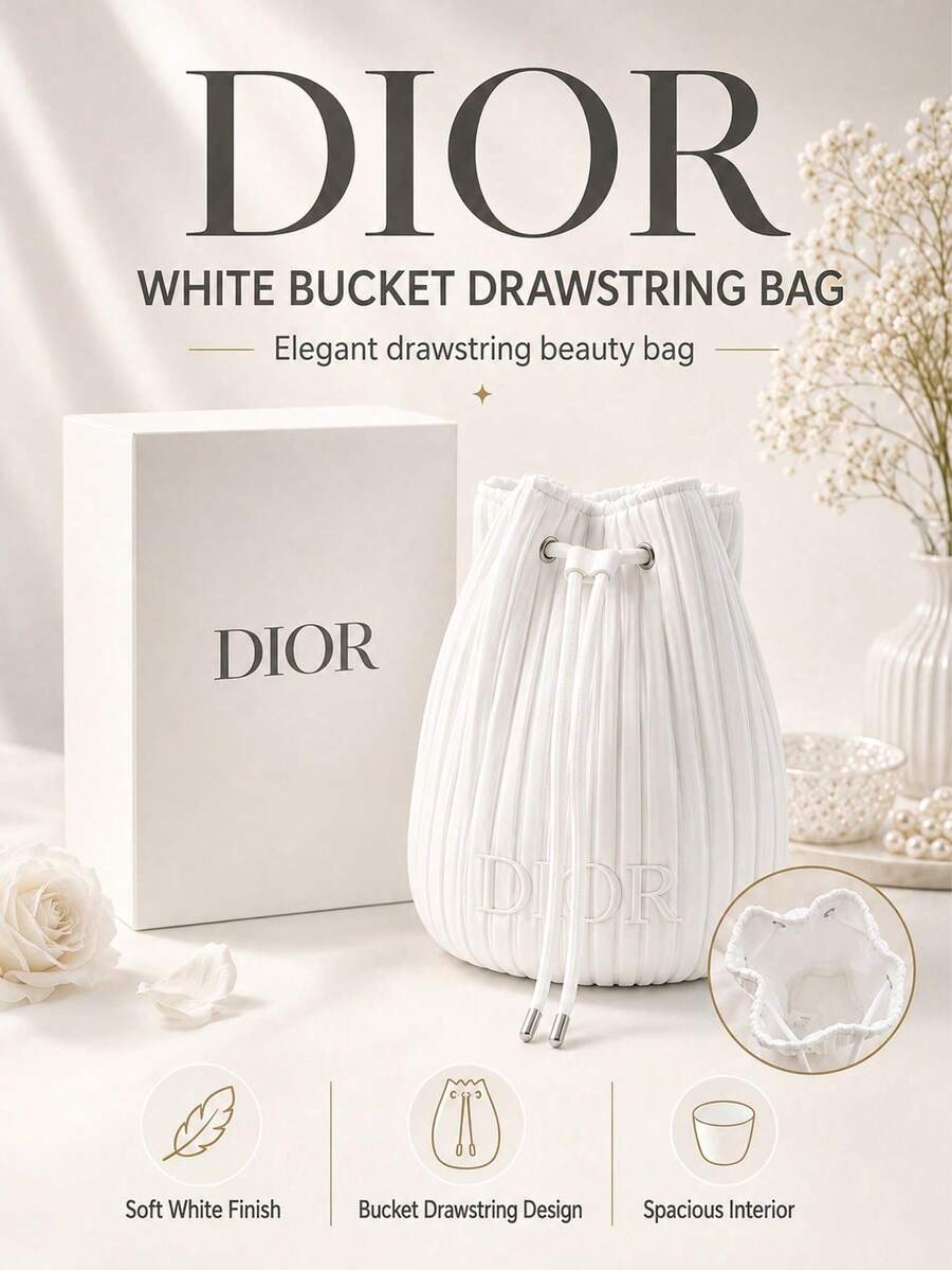 Dior 迪奧白色水桶抽繩化妝包，尺寸 13×17cm，抽繩束口設計，大容量收納，柔軟包身，小巧輕便易攜帶，送禮自用都合適。