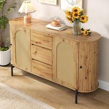 Oval Sideboard With Rattan, Sliding Doors, Doors And Drawers, Adjustable Compartments, Wood Look, Metal Legs, Multifunctional Storage Cabinet - 自然色 - 查看 10