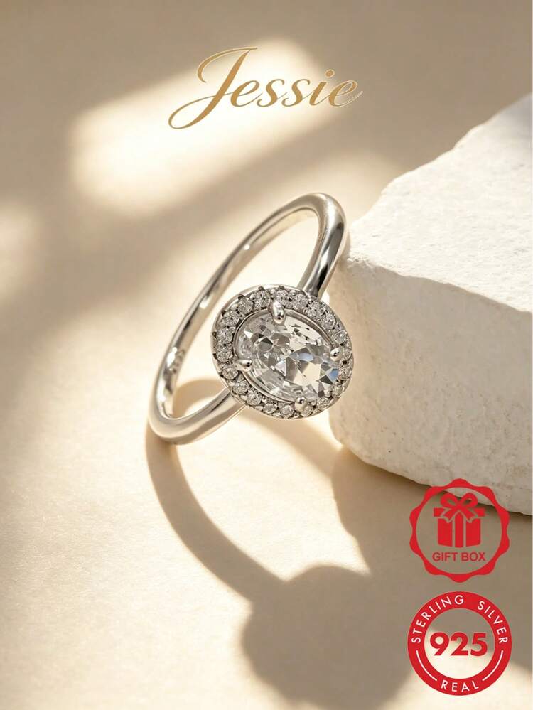 1件優雅時尚經典極簡閃亮925銀橢圓主石戒指，適合女性訂婚、婚禮、約會、派對禮物 - 銀色 - 查看 1