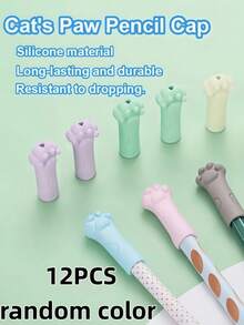12 PCS Random Colors Cute Cat Paw Erasers, Pencil Caps With Holder, Durable PP Material, Suitable For School - Compatible With Pen, First Day Of School - Multicolor - View 4