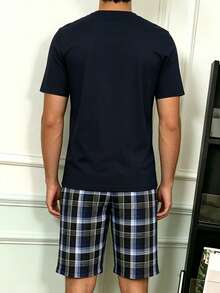 Men's Summer Thin Solid Color Plaid Pocket Short Sleeve Shirt And Plaid Shorts 2-Piece Set, Comfortable Casual Home Loungewear - Multicolor - View 2