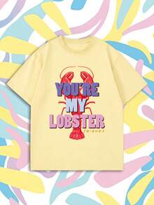 SHEIN X FRIENDS Summer Women Light Yellow Lobster Color Letter Print Oversized Casual Short Sleeve Tee - Yellow - View 1