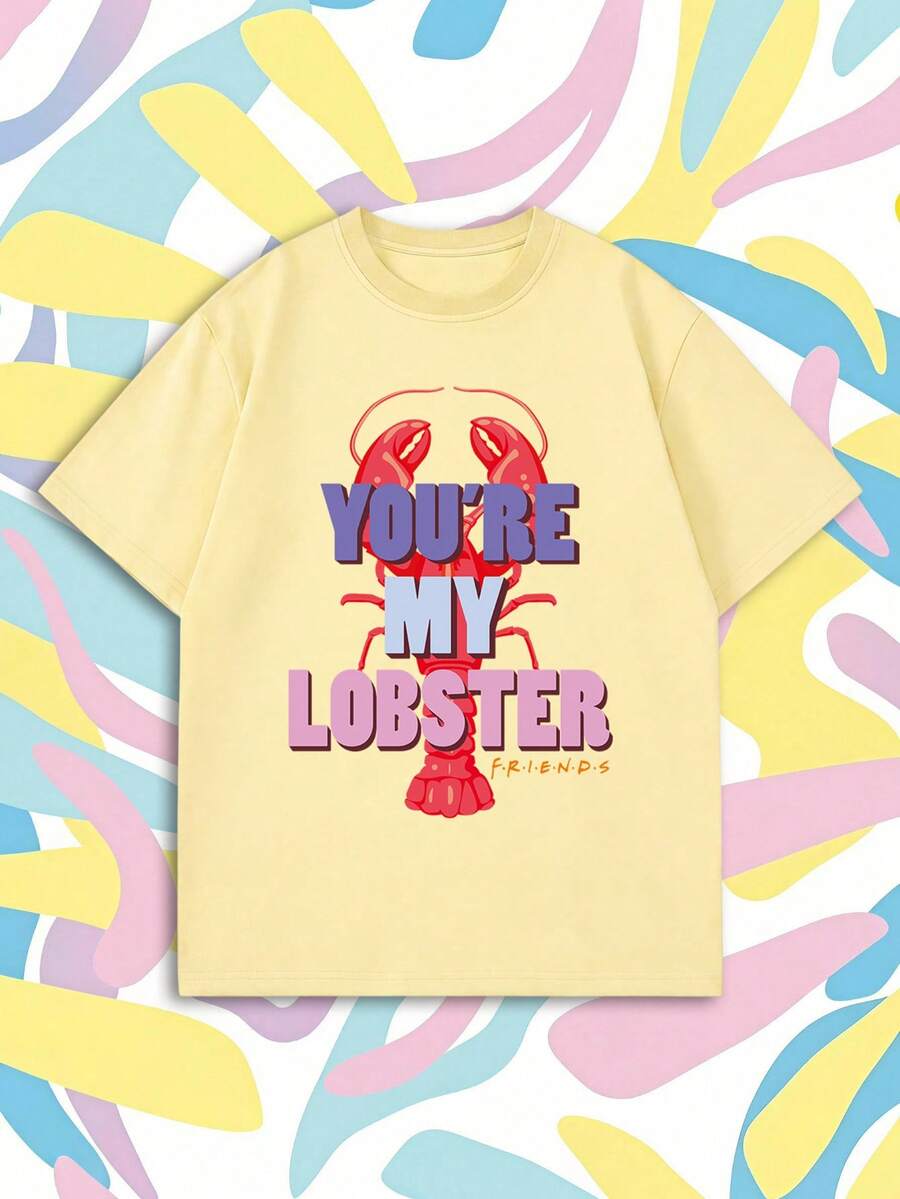 SHEIN X FRIENDS Summer Women Light Yellow Lobster Color Letter Print Oversized Casual Short Sleeve Tee - Yellow - View 1