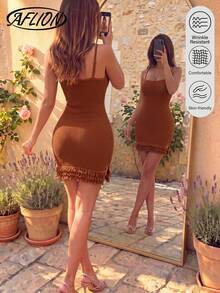 Aflion Women's Brown Waffle Knit Bodycon Mini Dress, Adjustable Spaghetti Straps Fringe Hem Form-Fitting Party Dress - Brown - View 1