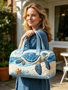 1pc Turtle Print Luggage Bag, Lightweight Large Capacity Weekend Bag, Wave And Starfish Pattern Handbag, Easy To Carry, Suitable For Sports, Fitness, Beach Travel, Vacation, Outdoor Activities And Daily Use, Storage, Travel Bag, Beach Bag, Travel Essential,Back To School - View 8