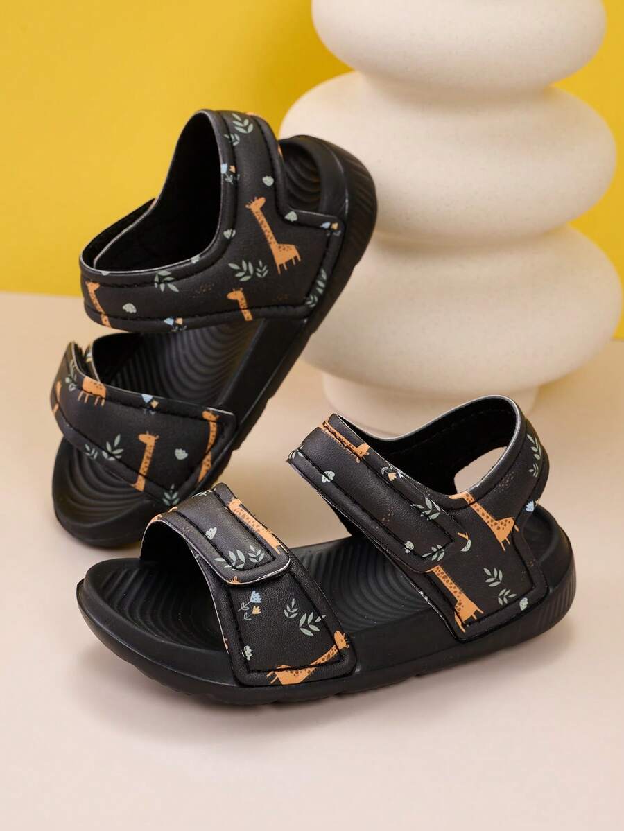 1 Pasang Sandal Kasual Serbaguna Ringan untuk Anak Laki-laki, Cocok untuk Musim Semi/Panas, Dilengkapi Perekat Velcro, Mudah Dipakai/Dilepas, Desain Jerapah Lucu, untuk Perlindungan Kaki di Dalam/Luar Ruangan/Pantai - Hitam - View 1