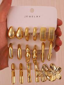 1-9 Pairs Stainless Steel Gold-Plated Multi-Style Earring Set, Smooth C-Hoop, Water Drop, Flower, Bamboo Joint, Star Metal Earrings - Gold - View 6