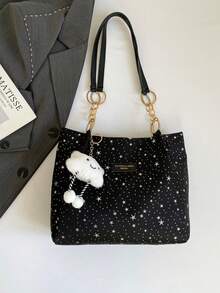 1pc Cloud Decor Star Pattern Polyester Large Capacity Zipper Shoulder Bag, Fashionable For Women Daily Use - Black - View 10