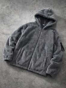 MAISONFOX Men's Solid Color Minimalist Reversible Fleece Hooded Casual Zip-Up Jacket, Men's Autumn/Winter Double-Sided Sherpa Lined Warm Outer Jacket, Lightweight Warm Zip-Up Hoodie Suitable For Outdoor Sports, Casual Street Style, Travel And Cold Weather Protection - 深灰色 - 查看 2
