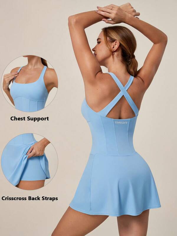 TimeOff Women's 1pc Solid Color Criss-Cross Hollow Back Strap Built-In Anti-Exposure Shorts Detachable Padded Sports Dress