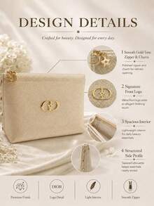 Bolsa de maquillaje tejida metálica dorada Dior 14*20cm, tela perlada, cremallera con estrella & luna, almacenamiento de maquillaje, textura de lujo, adecuada para uso personal y regalos - Dorado - Ver 6