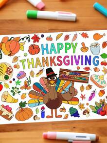 1set DIY Coloring Posters And Tablecloths, Paper Thanksgiving Coloring Banners Games And Family Activities, Used For Party Decoration, Handicrafts, - Multicolor - View 3