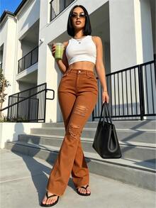 Stylish Women's Elegant Brown Straight Leg Jeans, High Stretch Denim With Ripped Details For A Casual Yet Chic Look, Ideal For Spring - 橘色 - 查看 2