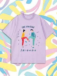 SHEIN X FRIENDS Lilac Double-Sided Cartoon Dance Graphic Oversized Casual Short Sleeve T-Shirt For Women Summer - Mauve Purple - View 1