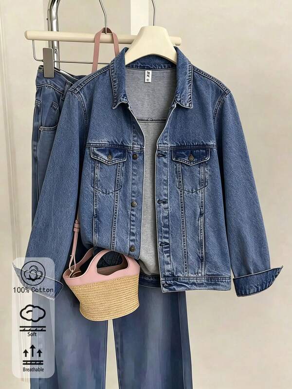 Classic Women's Denim Jacket Suitable For All Seasons. 100% Pure Cotton Vintage Washed Jacket. Loose Fit, Versatile And Casual Top