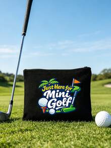 Golf Ball Theme Printed Sports Pouch, "Just Here For Mini Golf" Letter Print Storage Bag, Portable Makeup Bag, Toiletry Storage Bag, Golf Ball Essential Cartoon Print Storage Bag, Portable Makeup Bag, Fun Letter And Golf Theme Pattern, Large Capacity Storage Bag, Golf Tool Storage Bag, Suitable For Golf Course, Driving Range, Country Club - Multicolor - View 2