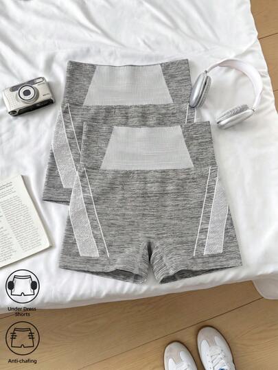 2pcs Girls Casual Fashion High Waist Contrast Color Design Sports Shorts, Seamless Comfortable Anti-Exposure Leggings, Suitable For Teenagers Students Training, Yoga, Cycling, Daily Basic Wear