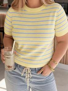 Women's V-Neck Short Sleeve Knit Top, Front Button Decor, Minimalist Fashion Versatile Casual Style Yellow - Yellow - View 1
