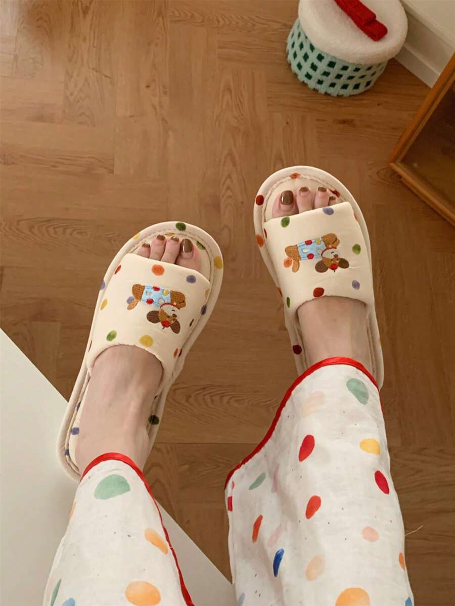 XIXITIAO Color Dot Dog Pattern Slippers, Unisex Casual Home Floor Shoes, All Season Soft Sole Breathable Sweat-Absorbent Cute Indoor Slides