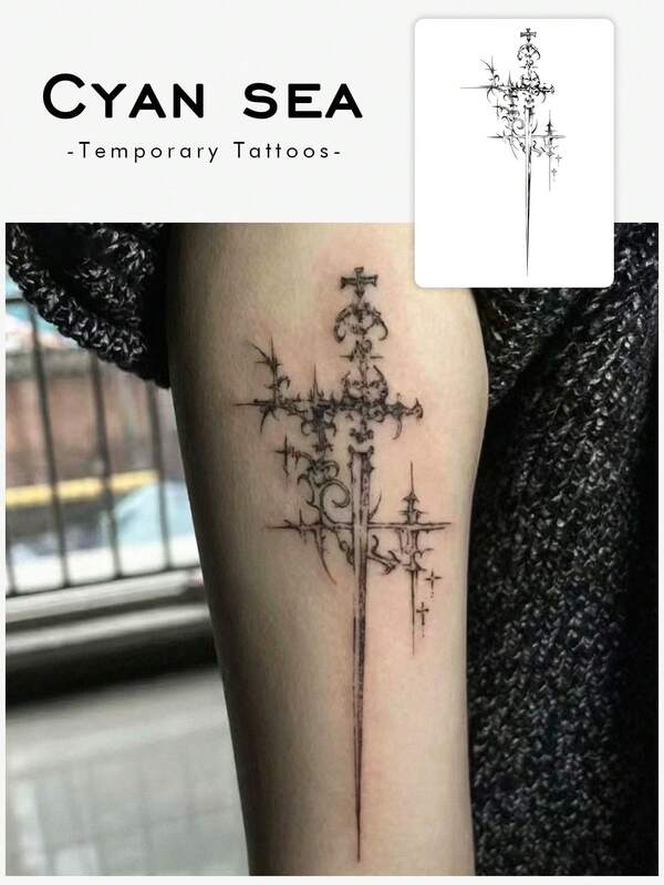 1pc Herbal Gothic Thorn Cross Long Sword Slim Vertical Pattern Temporary Tattoo Sticker, Realistic Fake Tattoo Design, Suitable For Daily Bachelorette Party Favors, Music Festivals, Gaming, Graduation Gifts, Lasts 7-14 Days