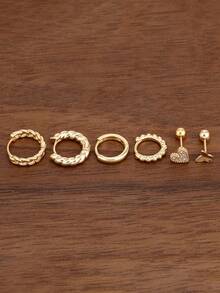 6Pcs Gold Plated Hoop & Stud Earring Set, Butterfly Heart CZ Twist Beaded Stackable Piercing Jewelry For Women Daily Party Casual Accessories - 1 Gold-6pcs - View 4