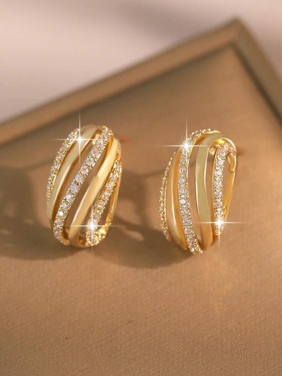 3pairs/2pairs/1pair Luxury Textured Micro Paved Cubic Zirconia Earring Sets, Versatile Gold Plated Copper Jewelry For Bridal Wedding Daily Banquet - Gold - View 1