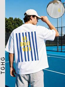 T Summer Men's Fitted T-Shirt, Vacation Travel Beach, White With Blue Stripes And Yellow Print On Back - White - View 4