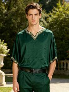 Men's Dark Green Medieval V-Neck Short Sleeve Gold Trim Cosplay Costume, With Black Belt, Renaissance Style Halloween Performance Outfit - Green - View 3