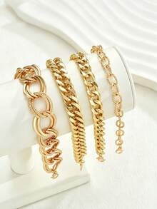YUNCHUN 4pcs/Set Thick Chain Gold Layered Cuban Chain Set, Textured Paperclip Cuban Chain Fine Glitter Hollow Chain, Minimalist Versatile Metal Hand Jewelry - Gold - View 6