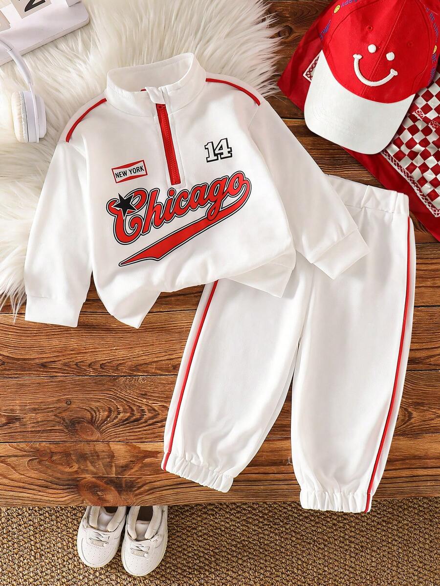 Baby Boy Casual Fashion Sports Letter Print Sweatshirt & Pants 2pcs Set Spring Autumn Winter - White - View 1