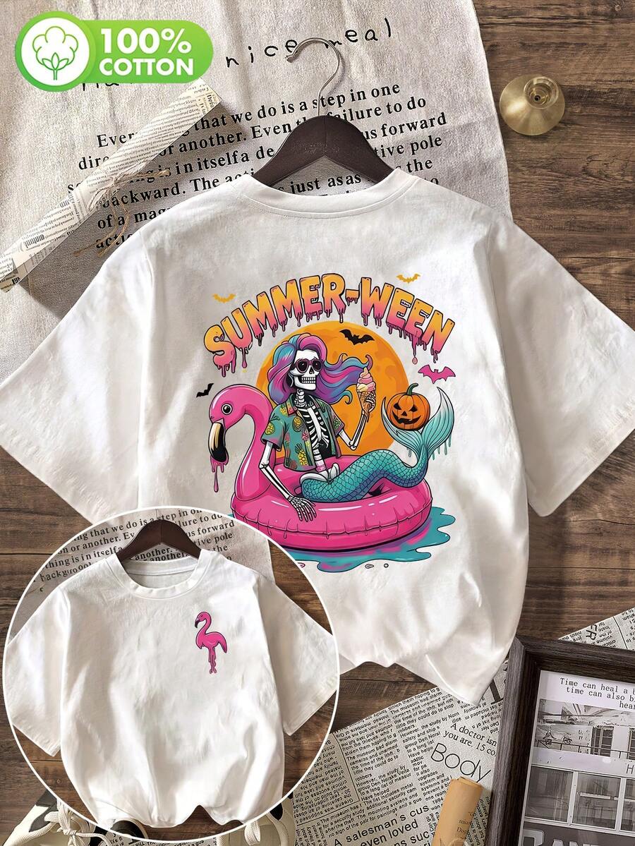 Summerween, Skeleton Mermaid And Flamingo Floating Design, Beach Theme Halloween Plus Size Women's Cotton T-Shirt Casual - White - View 1
