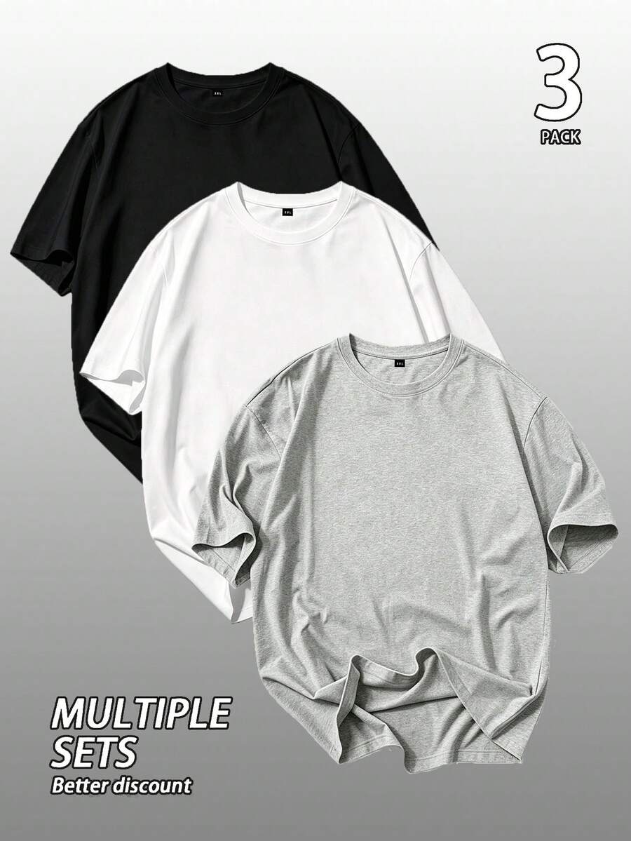 [3pcs/Pack]Men's Solid Color T-Shirt, Casual Loose Fit Crew Neck Short Sleeve Plus Size Top, This Style Runs Large, Please Check Size Details In Main Image Before Ordering To Avoid Fit Issues - Multicolor - View 1