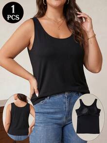1pc Women's Plus Size U-Neck Built-In Bra Tank Top, Soft Modal Elastic Fabric, Breathable Support Loose Fit, Basic Casual Sleeveless Top - Black - View 3