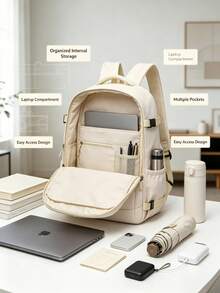 Cute Travel Notebook Backpack, A Spacious Multi-Pocket Backpack, Perfect For Business Trips, Weekend Getaways, And Plane Luggage-WHITE - Beige 1 - View 1